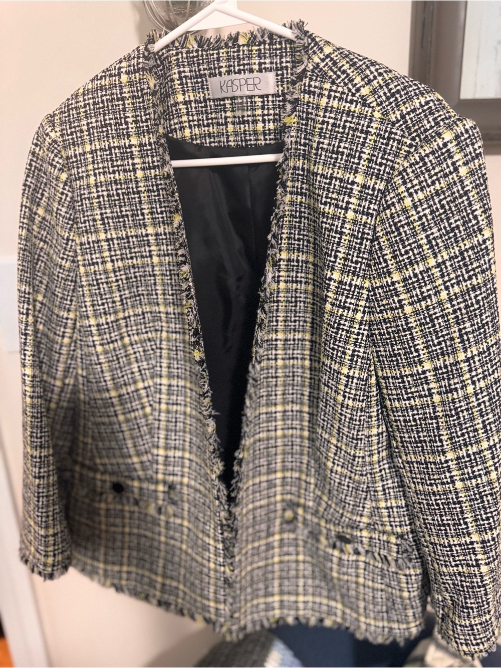 Kasper Black, White & Yellow Tweed Fringe Blazer